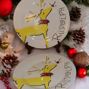 2 POTTERY BARN KIDS RUDOLPH RED NOSE REINDEER PLATES DINNER LUNCH MELAMINE